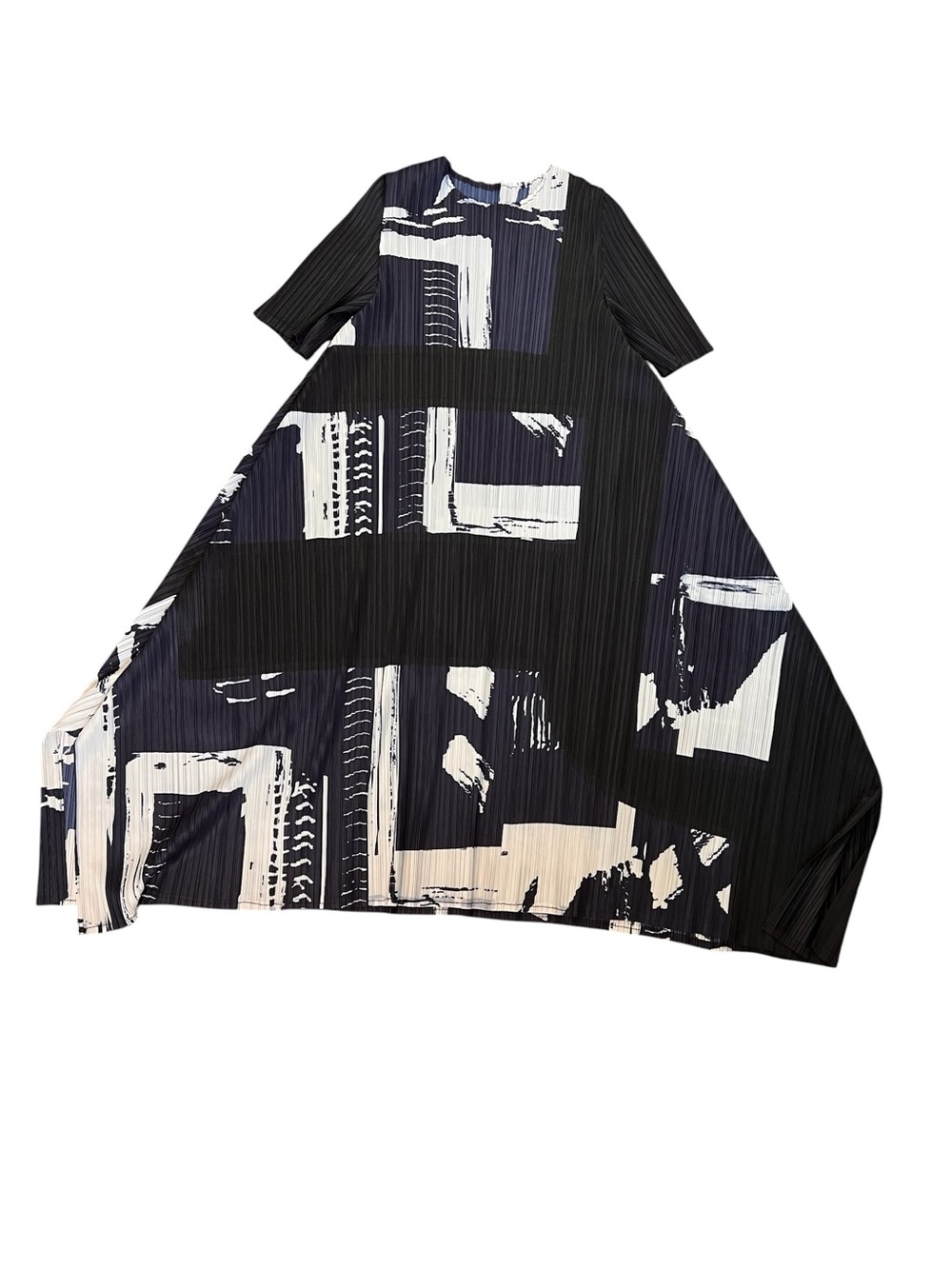 Abstract Pleated A-Line asymmetrical pointed hem midi dress excellent condition - Picture 2 of 11
